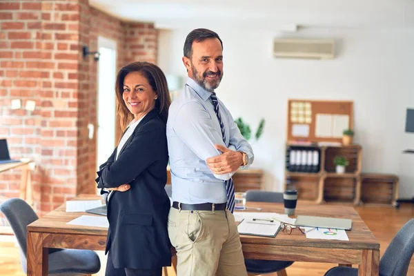 Dos Trabajadores Mediana Edad Trabajando Juntos Una Reunión Oficina Feliz —  Fotos de Stock