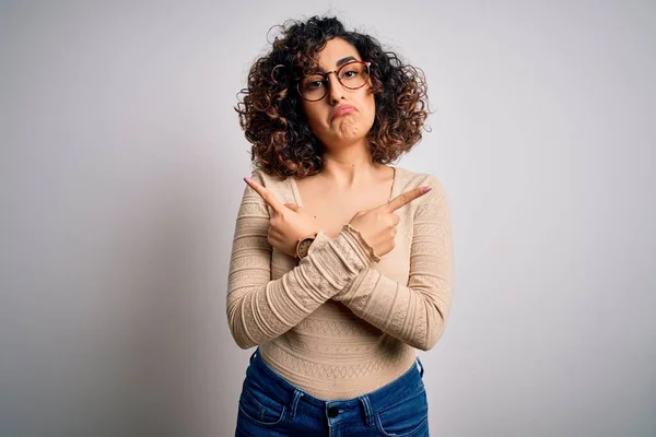 Young Beautiful Curly Arab Woman Wearing Casual Shirt Glasses White — Stock Photo, Image