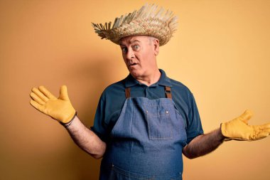 Sarı arka plan üzerinde önlük ve şapka takan orta yaşlı çiftçi. Kolları ve elleri havada, kafası karışmış bir ifade. Şüphe kavramı.