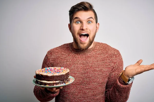 Young Blond Man Beard Blue Eyes Holding Birthday Cake White — Stock Photo, Image