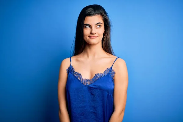 Jeune Belle Femme Brune Portant Des Sous Vêtements Lingerie Bleu — Photo