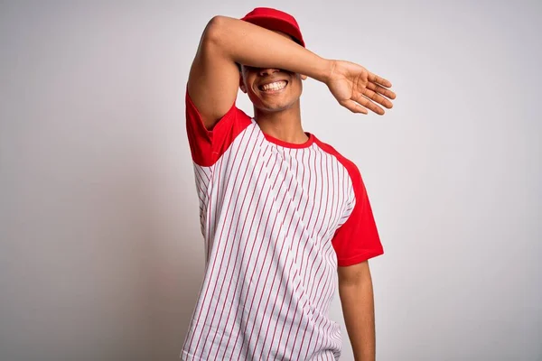 Jovem Atleta Afro Americano Bonito Vestindo Camiseta Beisebol Listrado Tampa — Fotografia de Stock