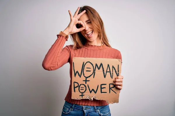 Young Beautiful Activist Woman Asking Change Holding Banner United Stand — Stock Photo, Image