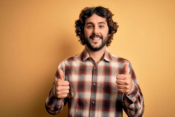 Young Handsome Man Beard Wearing Casual Shirt Standing Yellow Background — Stock Photo, Image