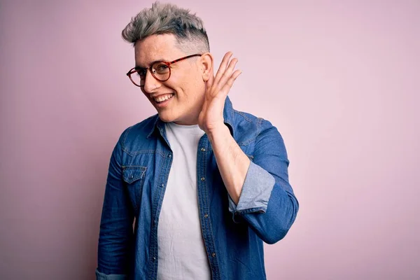 Young Handsome Modern Man Wearing Glasses Denim Jacket Pink Isolated — Stock Photo, Image