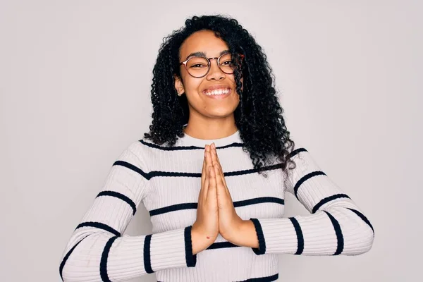 Young African American Woman Wearing Striped Sweater Glasses White Background — Stock Photo, Image