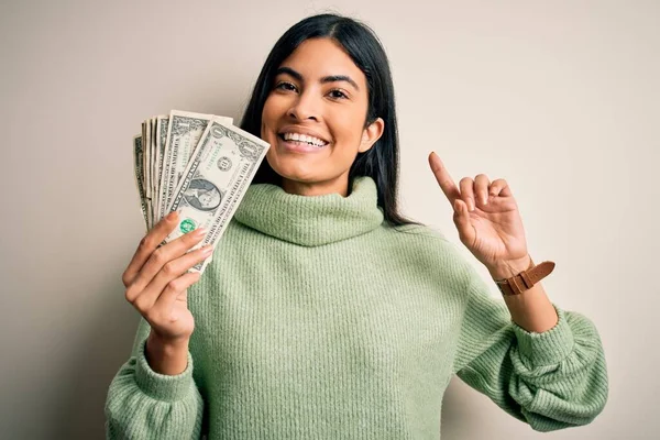 Young Beautiful Hispanic Woman Holding Pack One Dollar Bunch Dollars — Stock Photo, Image