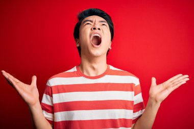 Kırmızı arka plan üzerinde sıradan çizgili tişörtler giyen genç, yakışıklı Çinli adam kollarını kaldırmış ve gözleri kapalı heyecanla haykırarak başarıyı kutluyor. Kazanan konsept