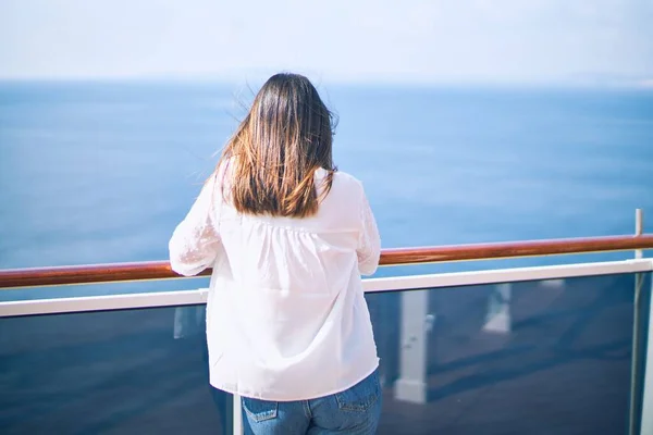 Young Beautiful Woman Vacation Standing Deck Ship Smile Face Backwards — Stock Photo, Image