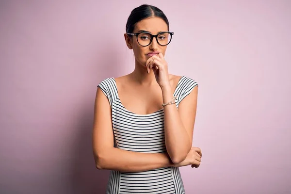 Young Beautiful Woman Wearing Casual Striped Dress Glasses Pink Background — Stock Photo, Image