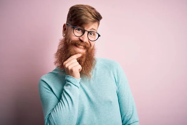 Handsome Irish Redhead Man Beard Wearing Glasses Pink Isolated Background — Stock Photo, Image