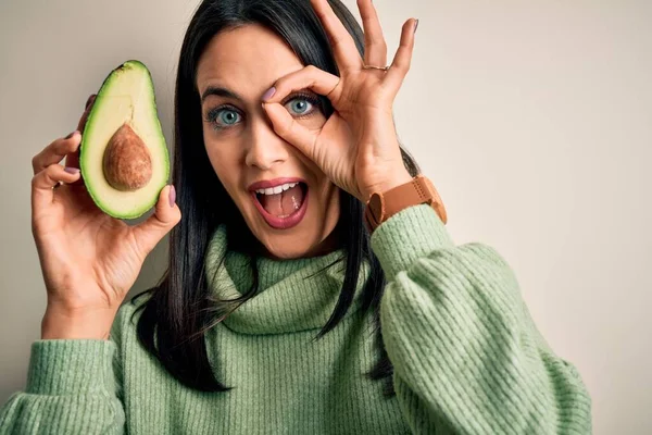 Young Woman Blue Eyes Holding Middle Healthy Avocado Isolated White — Stock Photo, Image