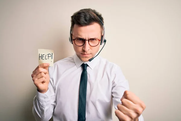 Young Call Center Operator Man Wearing Headset Holding Paper Note — Stock Photo, Image