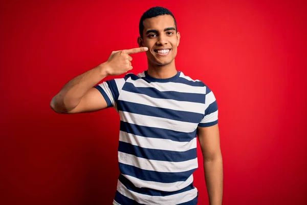 Handsome African American Man Wearing Casual Striped Shirt Standing Red — Stock Photo, Image