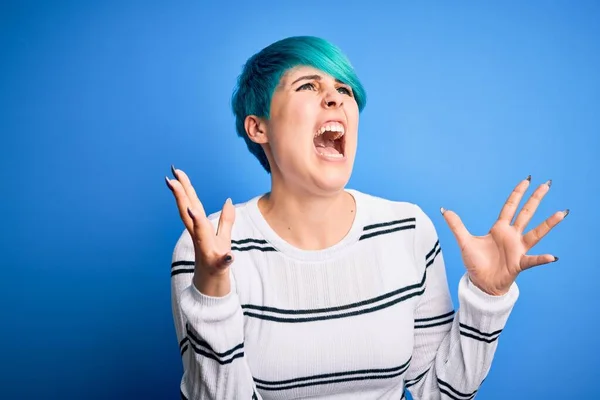 Young Beautiful Woman Blue Fashion Hair Wearing Casual Sweater Standing — Stock Photo, Image