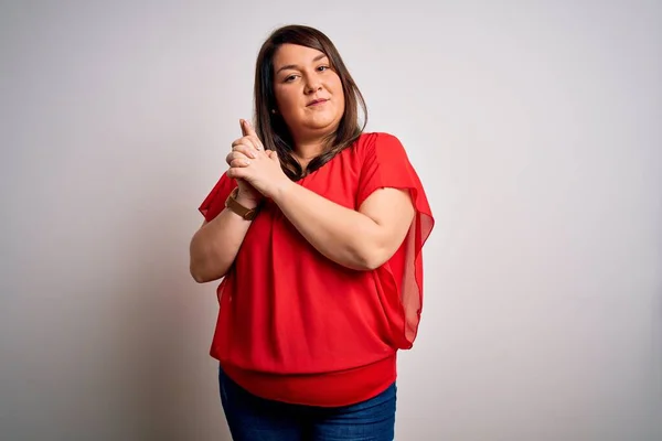 Beautiful Brunette Size Woman Wearing Casual Red Shirt Isolated White — Stock Photo, Image