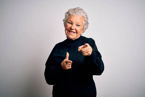 Senior Beautiful Woman Wearing Casual Black Sweater Standing Isolated White — Stock Photo, Image