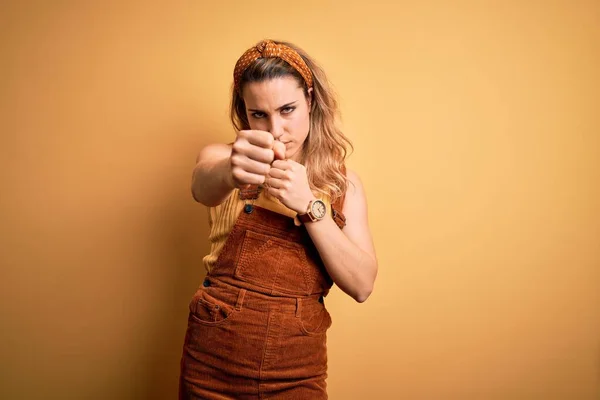 Young Beautiful Blonde Woman Wearing Overalls Diadem Standing Yellow Background — Stock Photo, Image