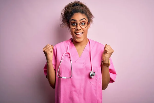 African American Nurse Girl Wearing Medical Uniform Stethoscope Pink Background — Stock Photo, Image