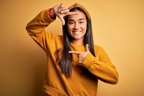 Young Beautiful Asian Woman Wearing Casual Sweater Diadem Yellow Background — Stock Photo, Image