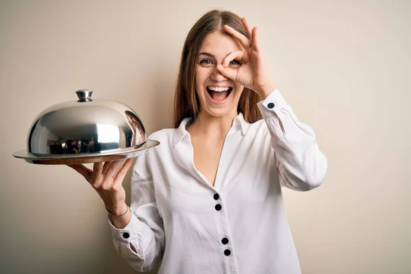 Young Beautiful Redhead Woman Holding Waitress Tray Isolated White Background — Stock Photo, Image