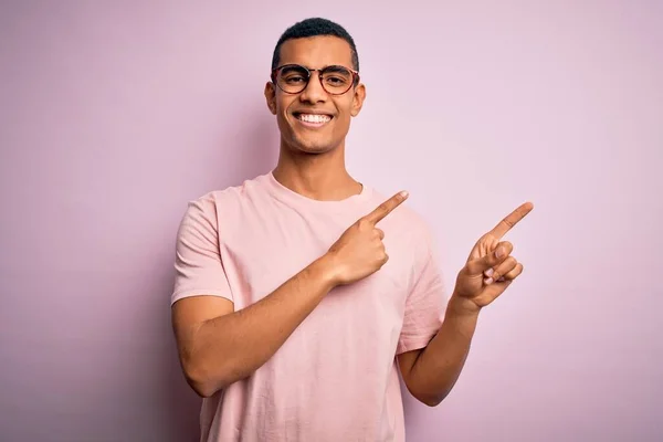 Handsome African American Man Wearing Casual Shirt Glasses Pink Background — Stock Photo, Image