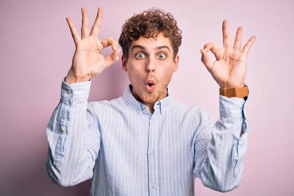 Young Blond Handsome Man Curly Hair Wearing Striped Shirt White — Stock Photo, Image