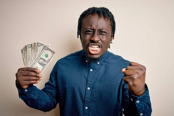 Young African American Man Holding Bunch Dollars Banknotes Isolated White — Stock Photo, Image