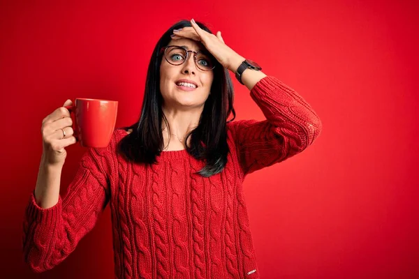 Young Brunette Woman Blue Eyes Wearing Glasses Drinking Cup Coffee — Stock Photo, Image