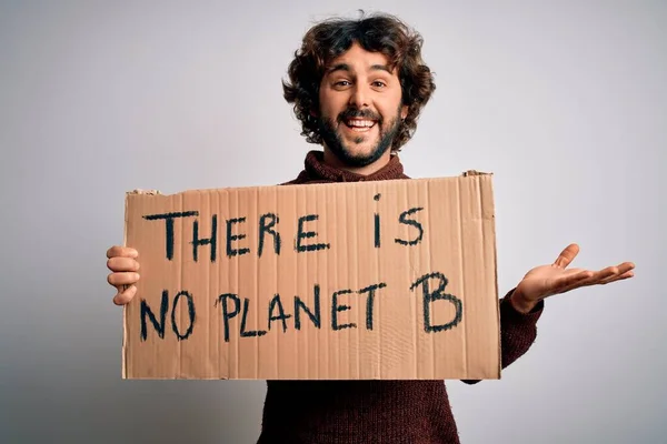 Young Handsome Man Beard Asking Environment Holding Banner Earth Message — Stock Photo, Image