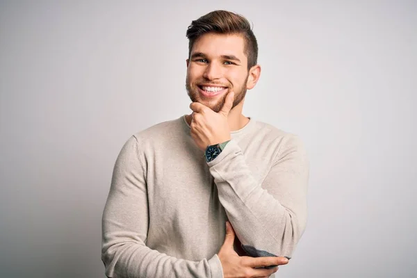 Young Handsome Blond Man Beard Blue Eyes Wearing Casual Sweater — Stock Photo, Image