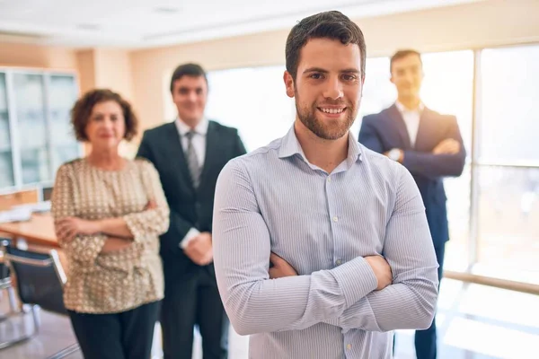 Business lawyers workers meeting at law firm office. Professional executive partners working on finance strategry at the workplace. Leader worker standing confident looking at the camera.
