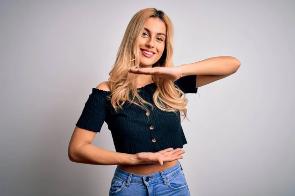 Young Beautiful Blonde Woman Wearing Casual Shirt Standing Isolated White — Stock Photo, Image