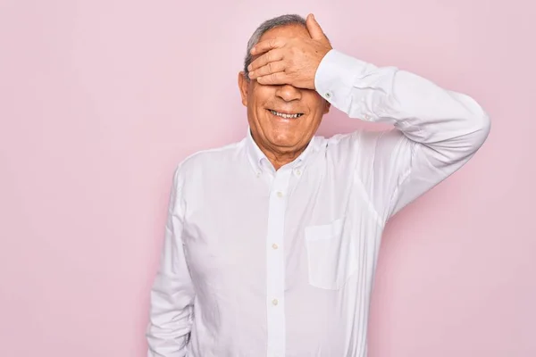 Senior Handsome Grey Haired Man Wearing Elegant Shirt Isolated Pink — Stock Photo, Image