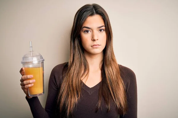 Young Beautiful Girl Drinking Glass Healthy Orange Juice Isolated White — Stock Photo, Image