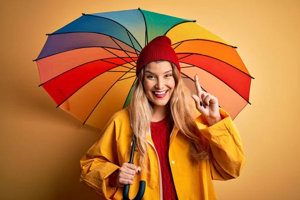 Junge Schöne Blonde Frau Regenmantel Und Wollmütze Mit Buntem Regenschirm — Stockfoto