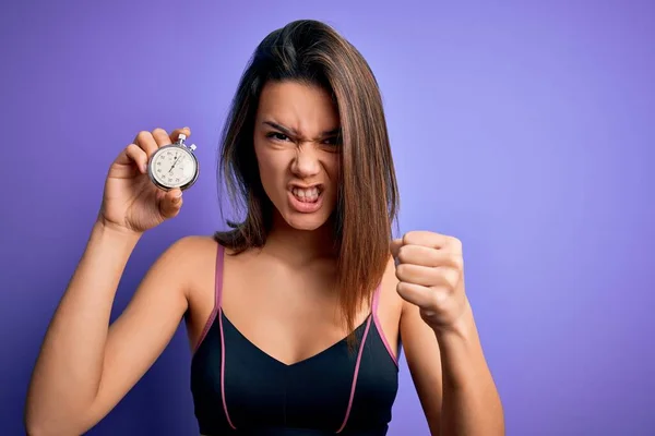 Junge Schöne Sportliche Mädchen Beim Sport Mit Stoppuhr Über Isolierten — Stockfoto