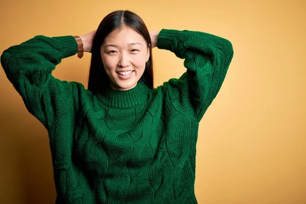 Young Beautiful Asian Woman Wearing Green Winter Sweater Yellow Isolated — Stock Photo, Image