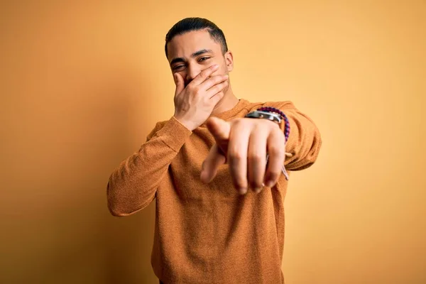 Young Brazilian Man Wearing Casual Sweater Standing Isolated Yellow Background — Stock Photo, Image