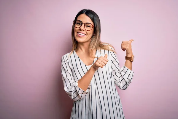 Young Beautiful Woman Wearing Casual Striped Shirt Glasses Pink Background — Stock Photo, Image