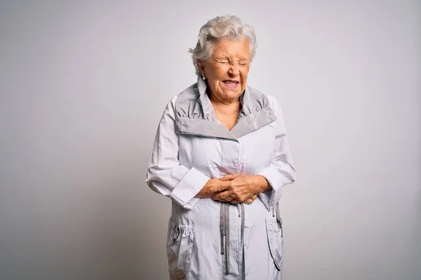 Senior Beautiful Grey Haired Woman Wearing Casual Jacket Standing White — Stock Photo, Image