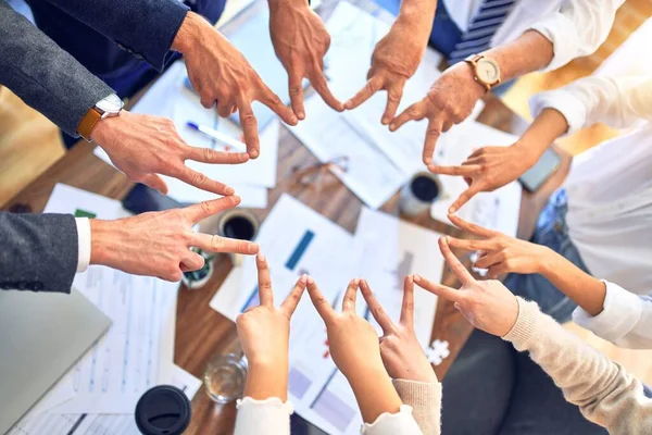 Group Business Workers Standing Hands Together Doing Symbol Fingers Office — 스톡 사진