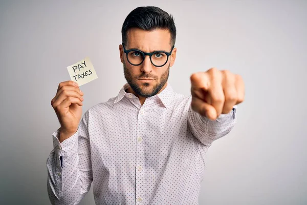 Young Handsome Man Holding Reminder Paper Pay Taxes Message White — Stock Photo, Image