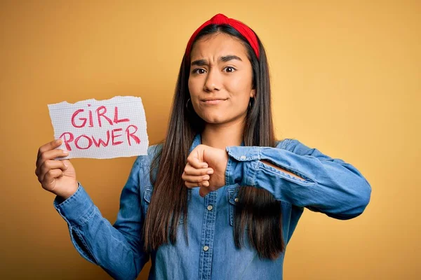 Young Beautiful Asian Woman Wearing Diadema Holding Banner Girl Power — Stock Photo, Image