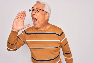 Orta yaşlı, gri saçlı, gözlüklü, sıradan çizgili süveter giyen, el ele tutuşup bağıran yakışıklı bir adam. İletişim konsepti.