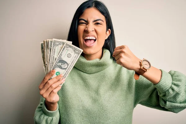 Young Beautiful Hispanic Woman Holding Pack One Dollar Bunch Dollars — Stock Photo, Image