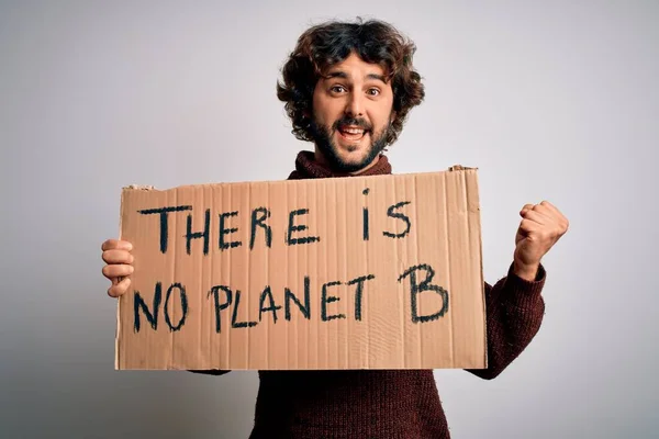 Young Handsome Man Beard Asking Environment Holding Banner Earth Message — Stock Photo, Image