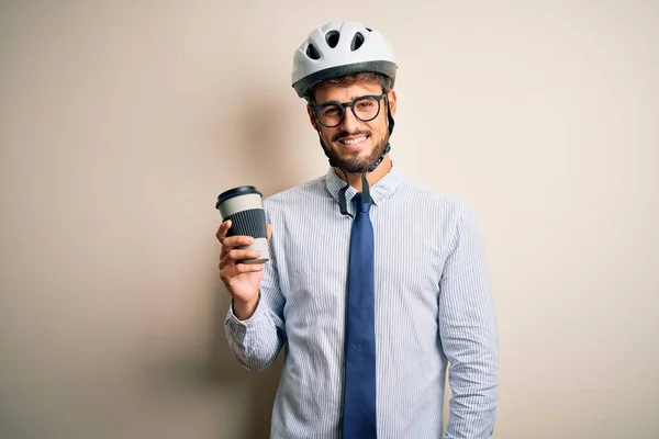 Jovem Empresário Usando Óculos Capacete Bicicleta Bebendo Xícara Café Com — Fotografia de Stock