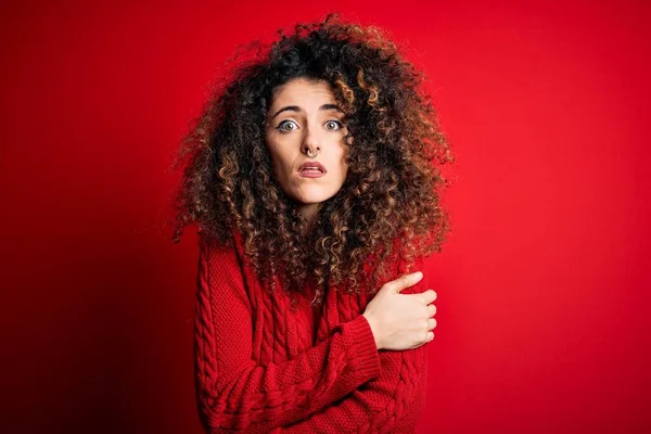 Young Beautiful Woman Curly Hair Piercing Wearing Casual Red Sweater — Stock Photo, Image