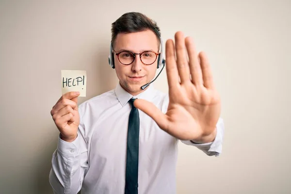 Young Call Center Operator Man Wearing Headset Holding Paper Note — Stock Photo, Image